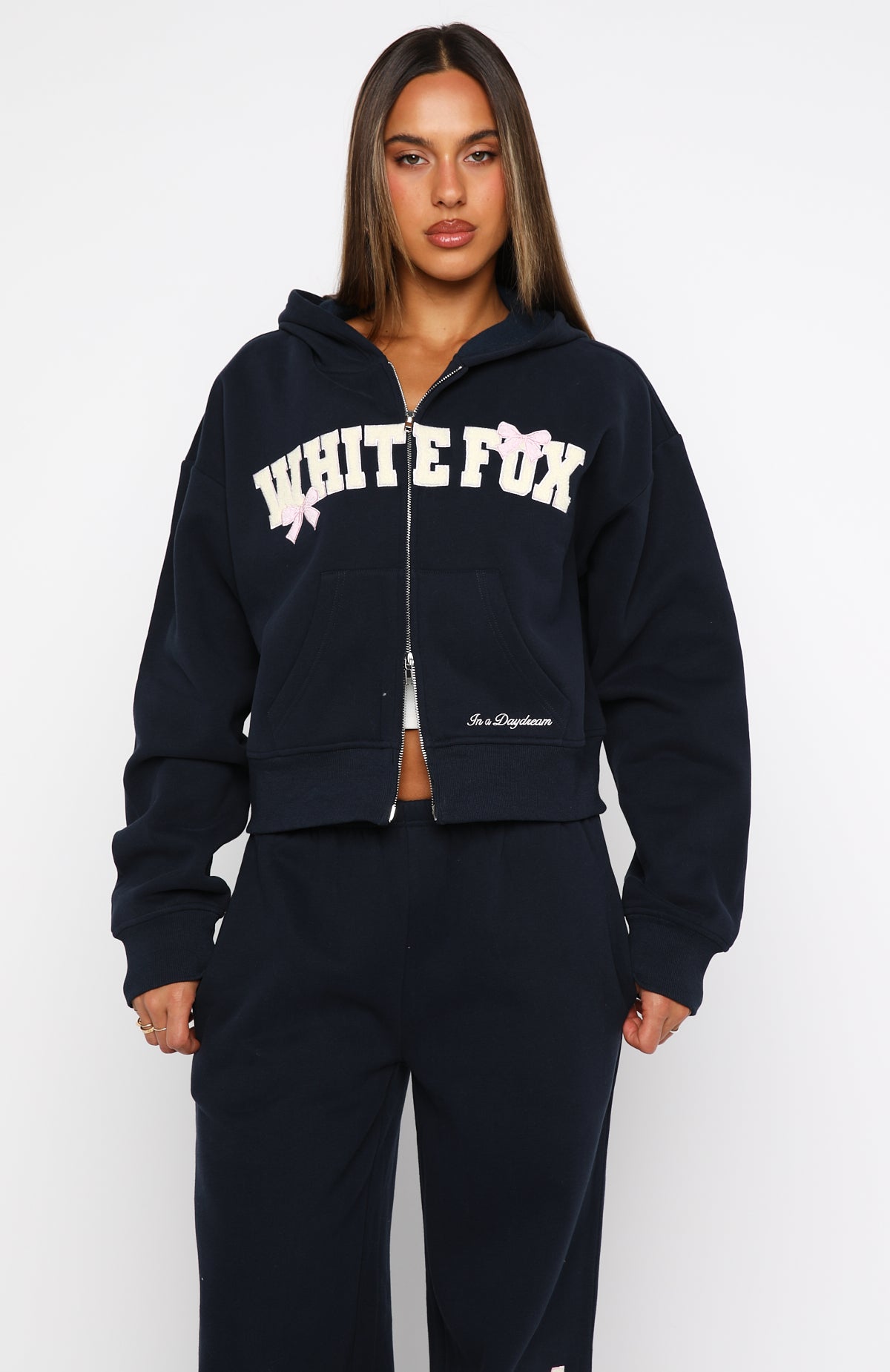 Daydreamers Madeline Boxy Zip Front Hoodie Navy - Image 2