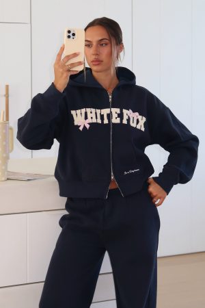 Daydreamers Madeline Boxy Zip Front Hoodie Navy