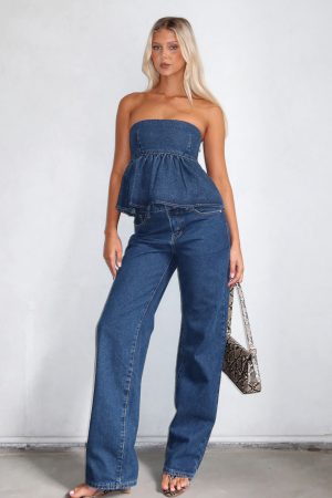 Zara Mid Rise Straight Leg Jeans Dark Blue