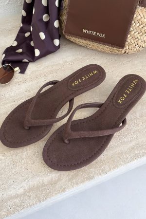 Orion Thong Kitten Mules Chocolate Faux Suede