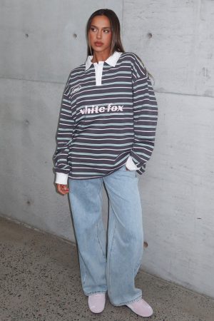 Gentle Affection Long Sleeve Rugby Shirt Grey/Mint Stripe