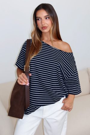 Give Me Options Off Shoulder Tee Navy/White Stripe