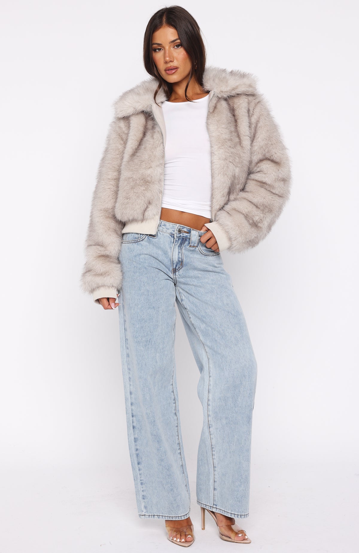 Glacial Chic Fur Bomber Jacket Smokey Taupe - Image 6