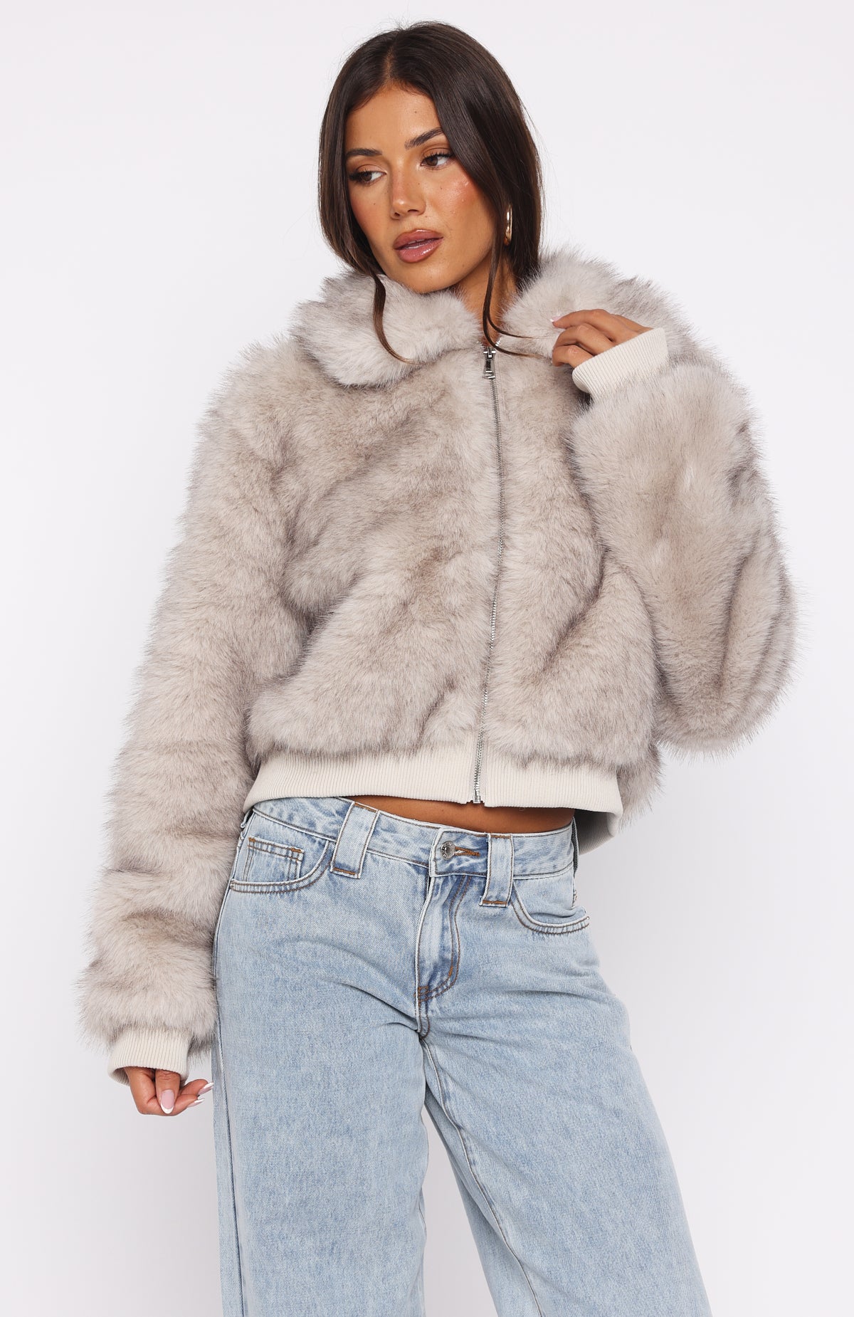 Glacial Chic Fur Bomber Jacket Smokey Taupe - Image 3