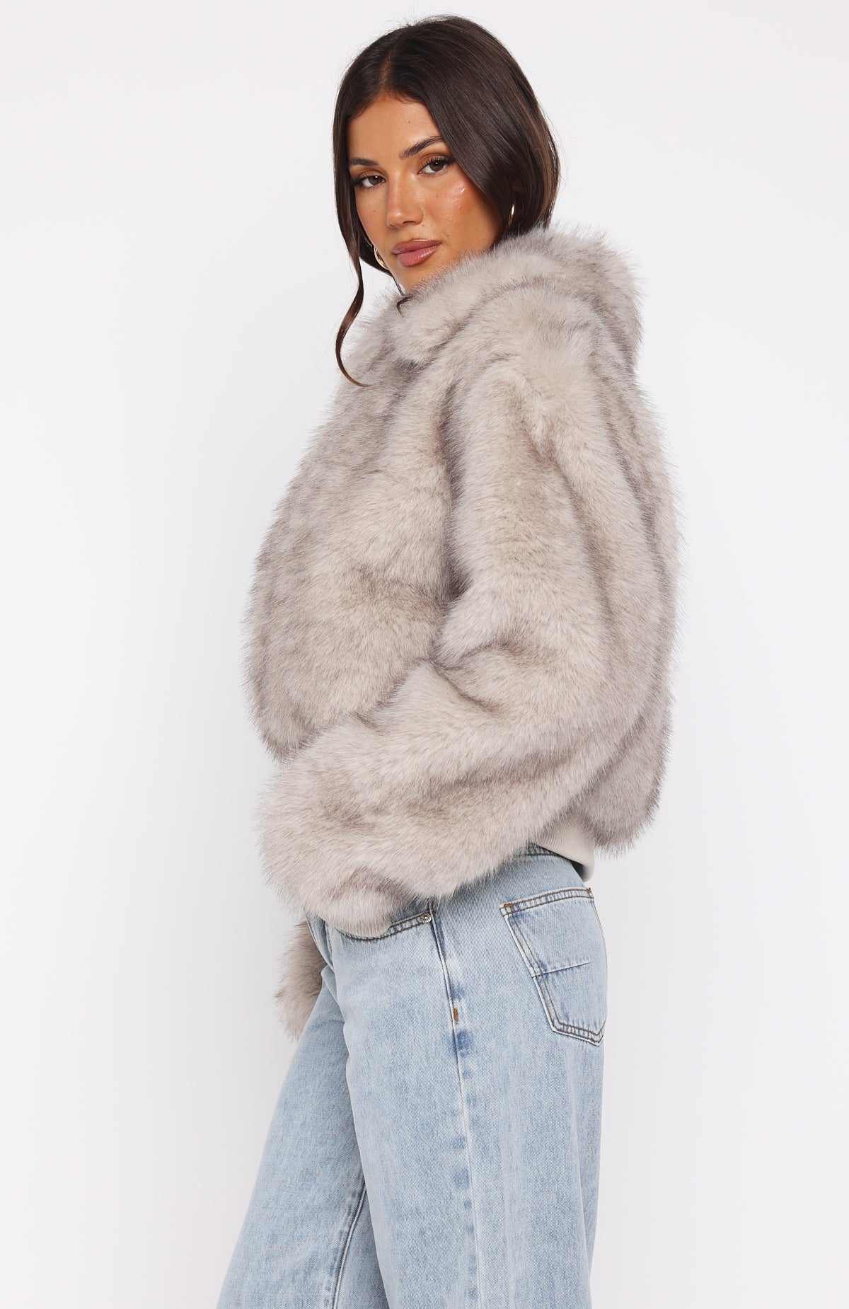 Glacial Chic Fur Bomber Jacket Smokey Taupe - Image 4