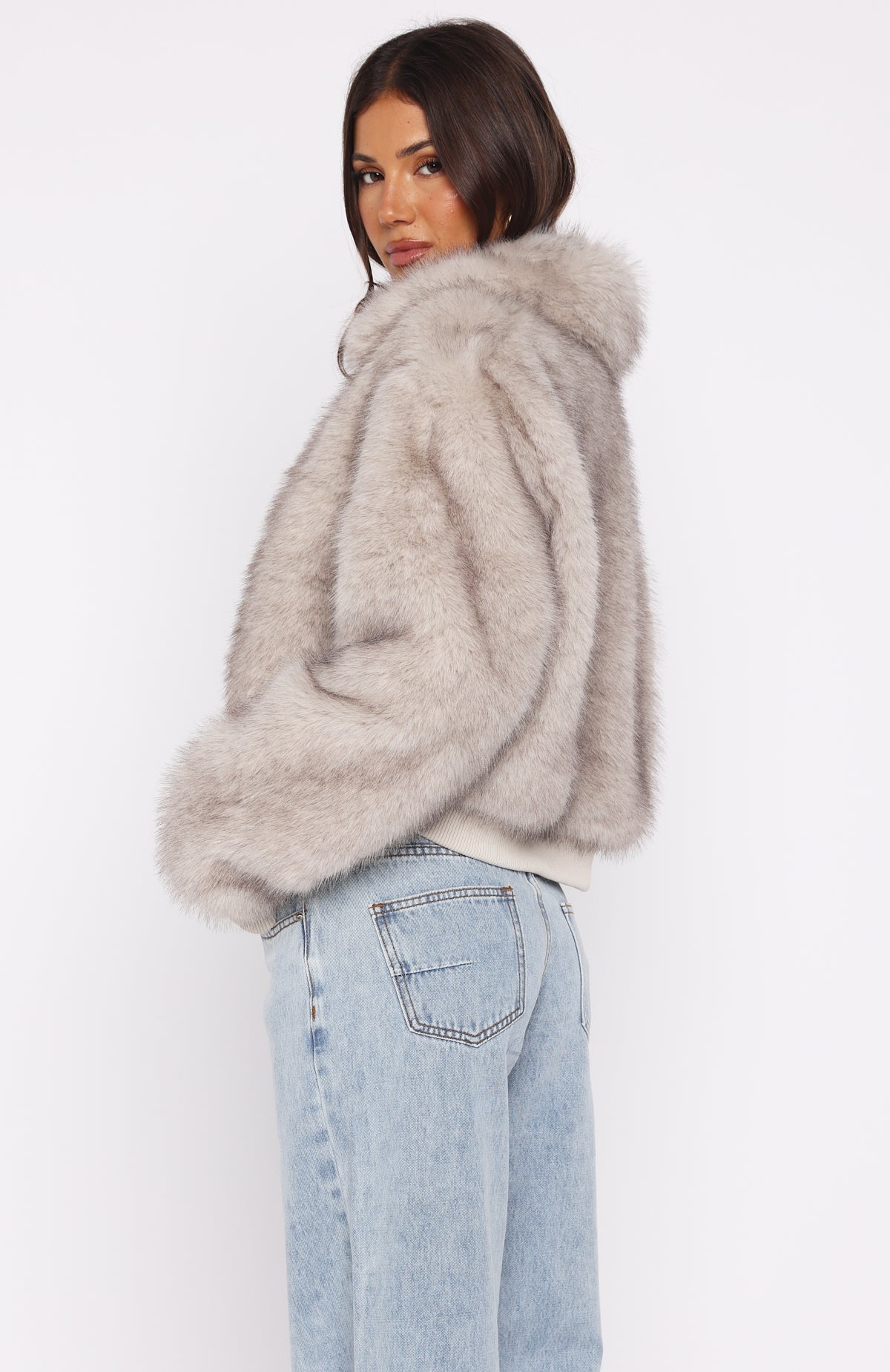Glacial Chic Fur Bomber Jacket Smokey Taupe - Image 5