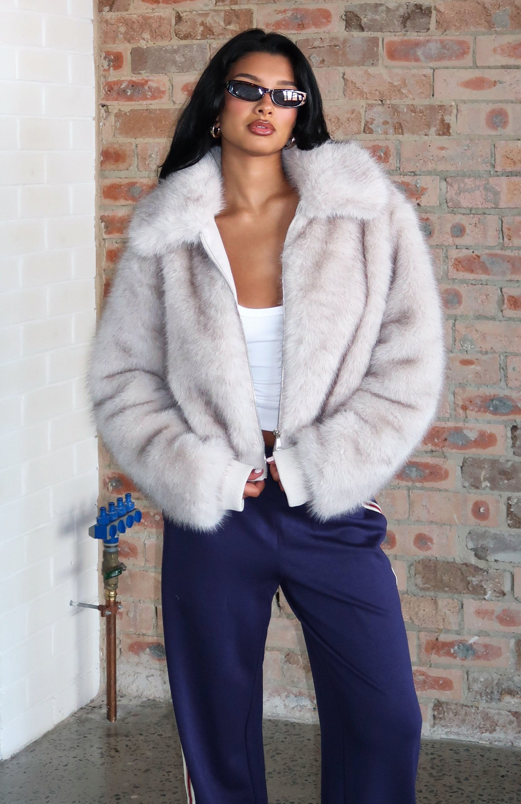 Glacial Chic Fur Bomber Jacket Smokey Taupe - Image 7
