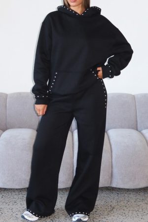 Glow Your Own Way Studded Wide Leg Sweatpants Black