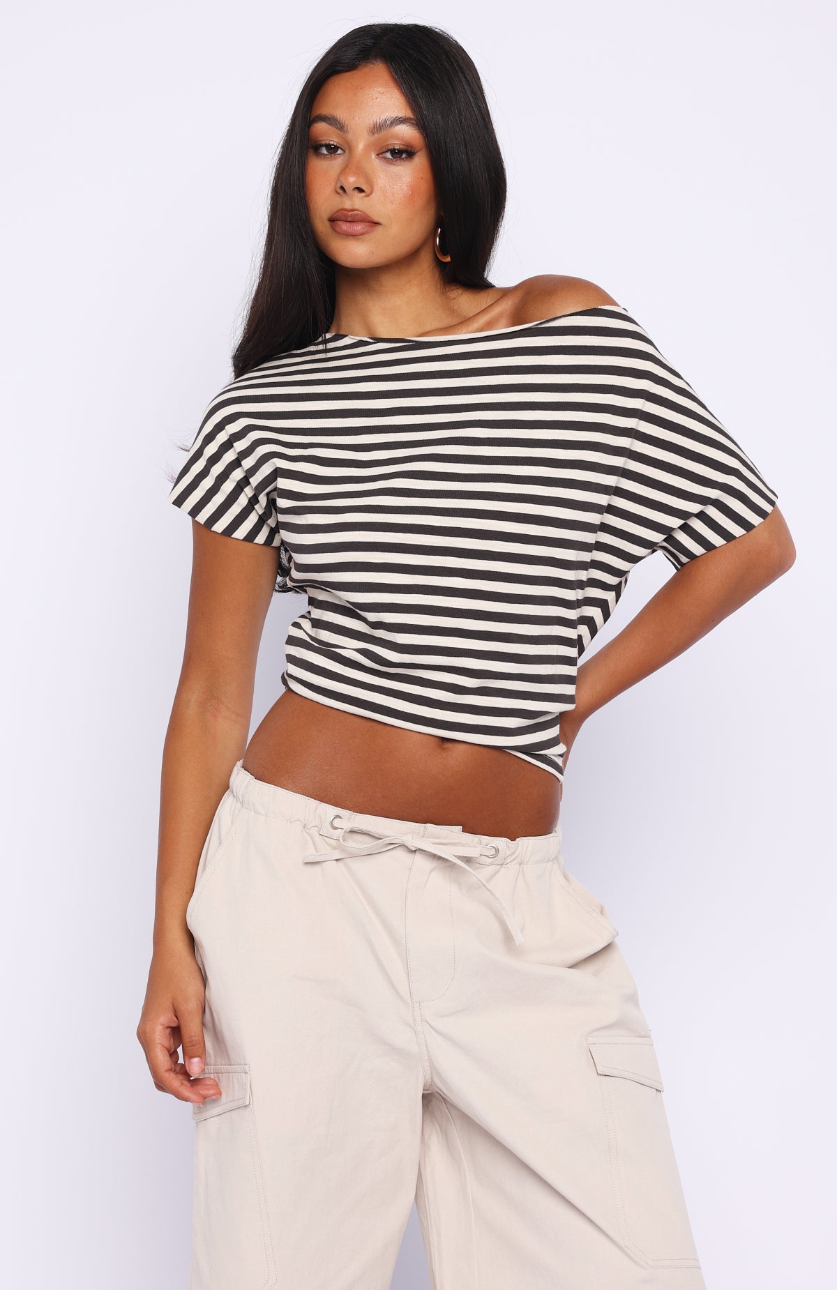 Happy To Help Cinched Waist Top Charcoal Stripe - Image 2