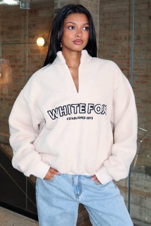 Hard To Stay Focused Teddy Borg Zip Front Sweater Cream