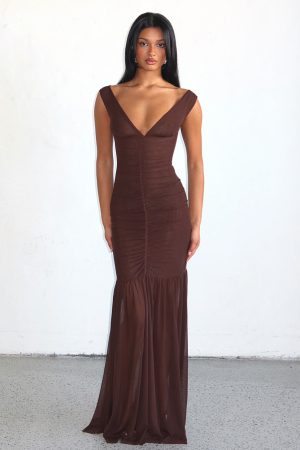 Just A Peak Mesh Maxi Dress Chocolate