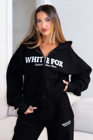 Just For Now Fleece Boxy Zip Front Hoodie Black