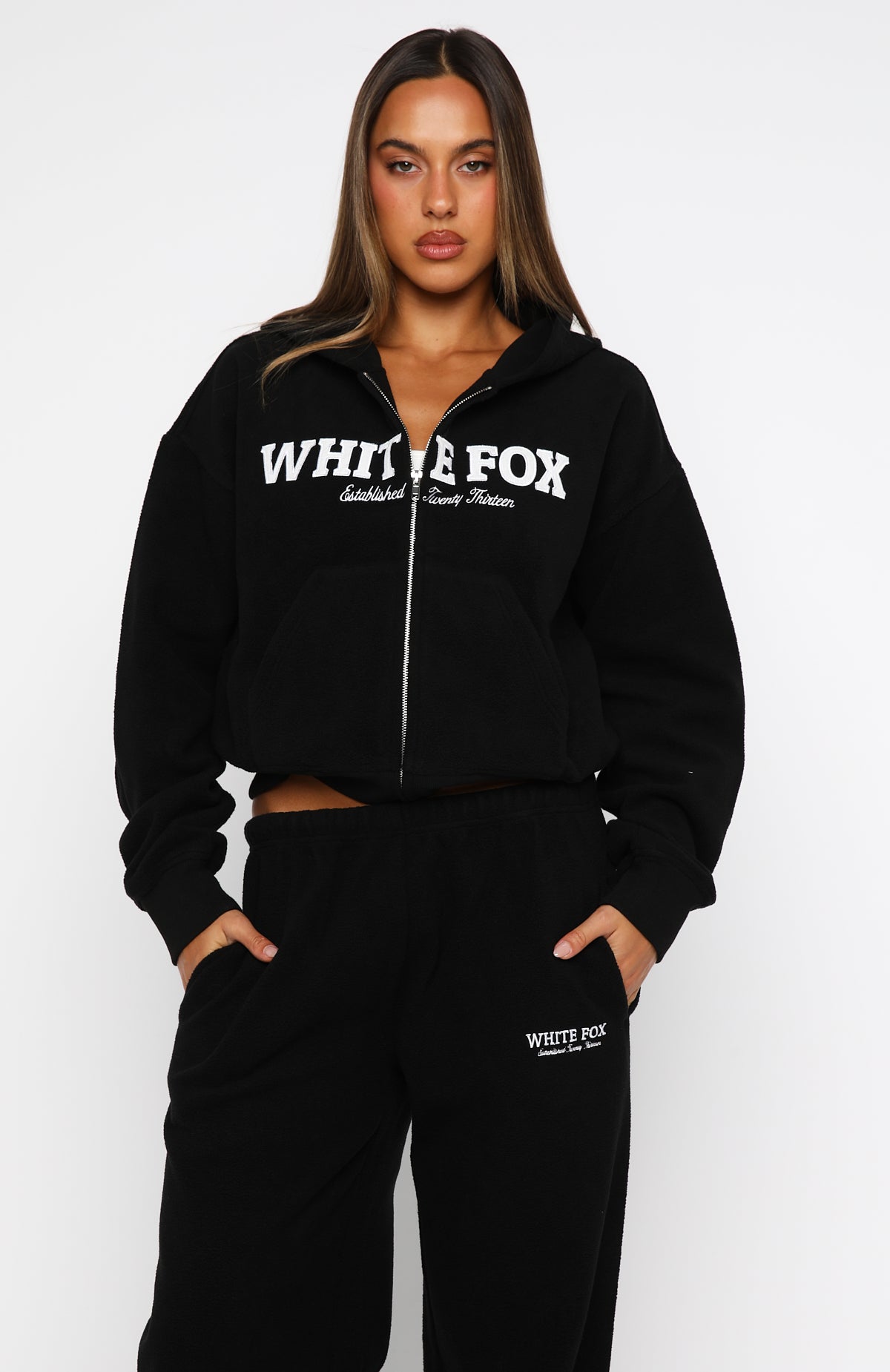 Just For Now Fleece Boxy Zip Front Hoodie Black - Image 2