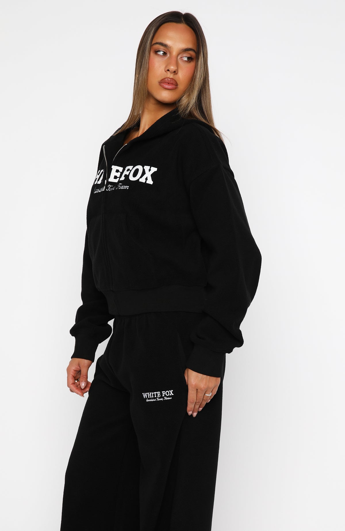 Just For Now Fleece Boxy Zip Front Hoodie Black - Image 3