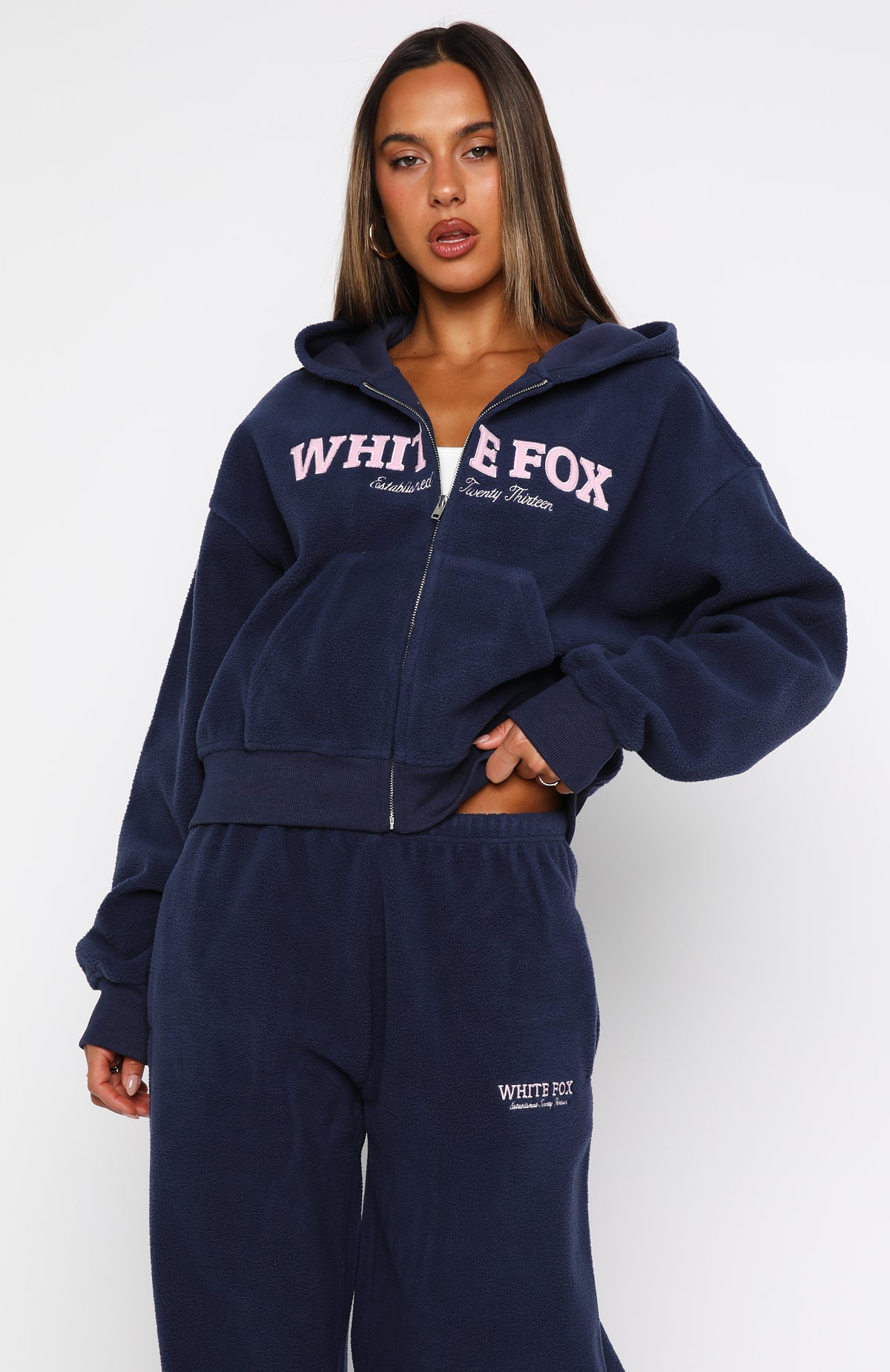 Just For Now Fleece Boxy Zip Front Hoodie Navy - Image 2
