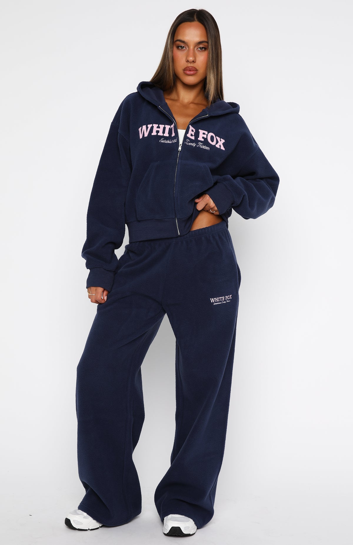 Just For Now Fleece Boxy Zip Front Hoodie Navy - Image 5