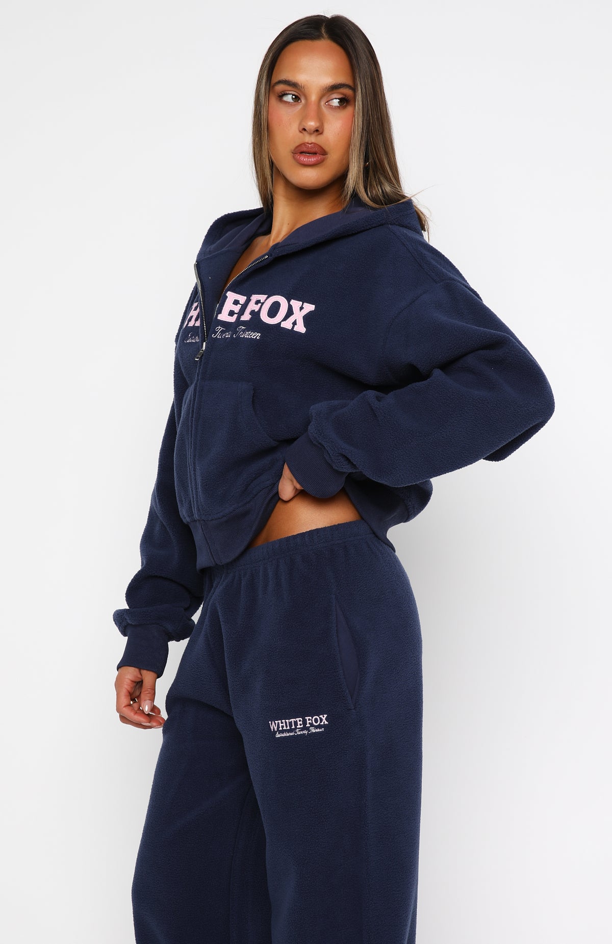 Just For Now Fleece Boxy Zip Front Hoodie Navy - Image 3