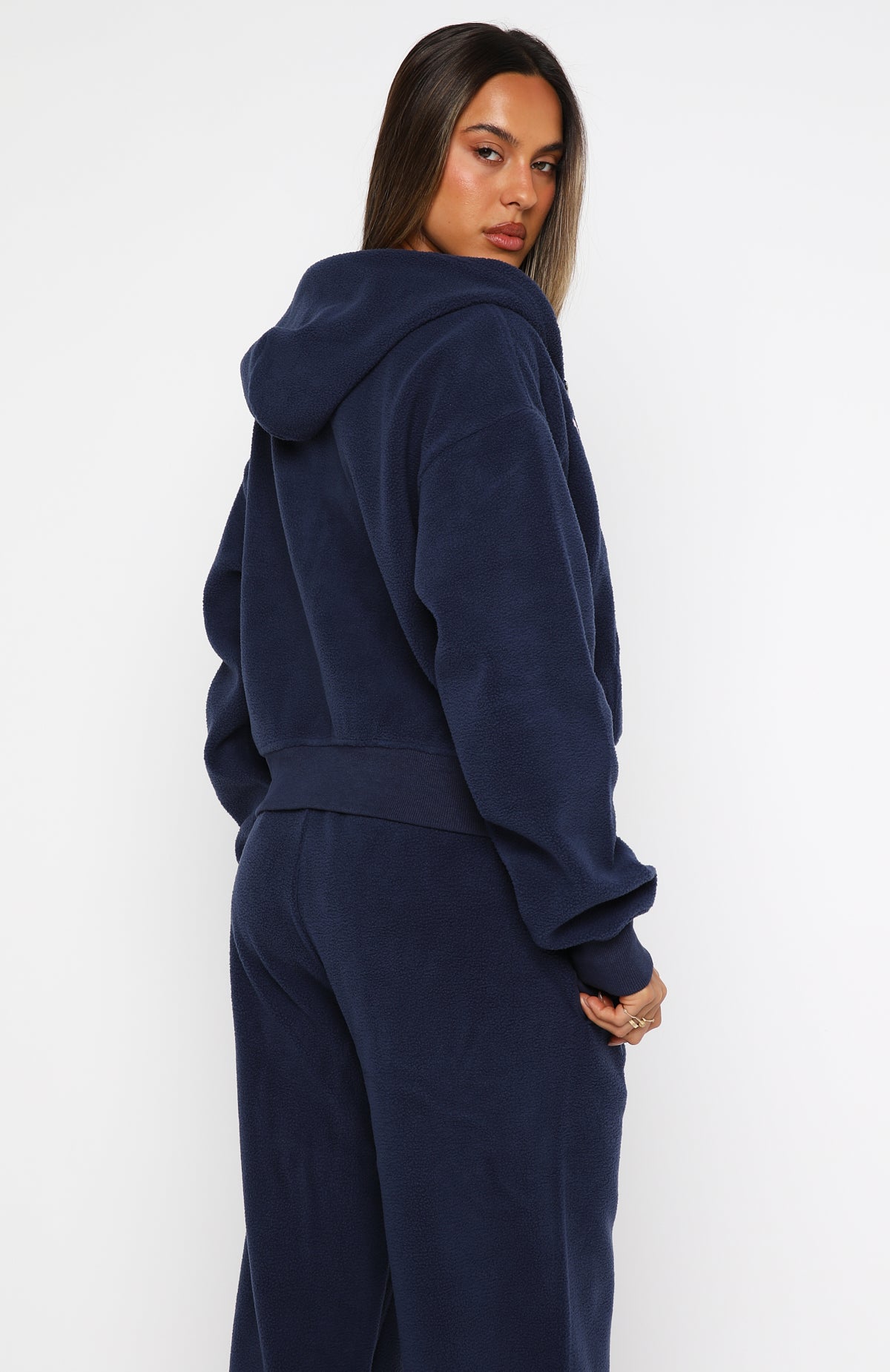 Just For Now Fleece Boxy Zip Front Hoodie Navy - Image 4