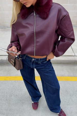 No Competition Pu Bomber Jacket Burgundy