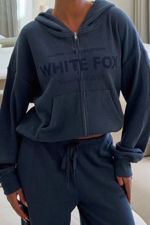 Leave Me Out Of It Waffle Boxy Zip Front Hoodie Navy