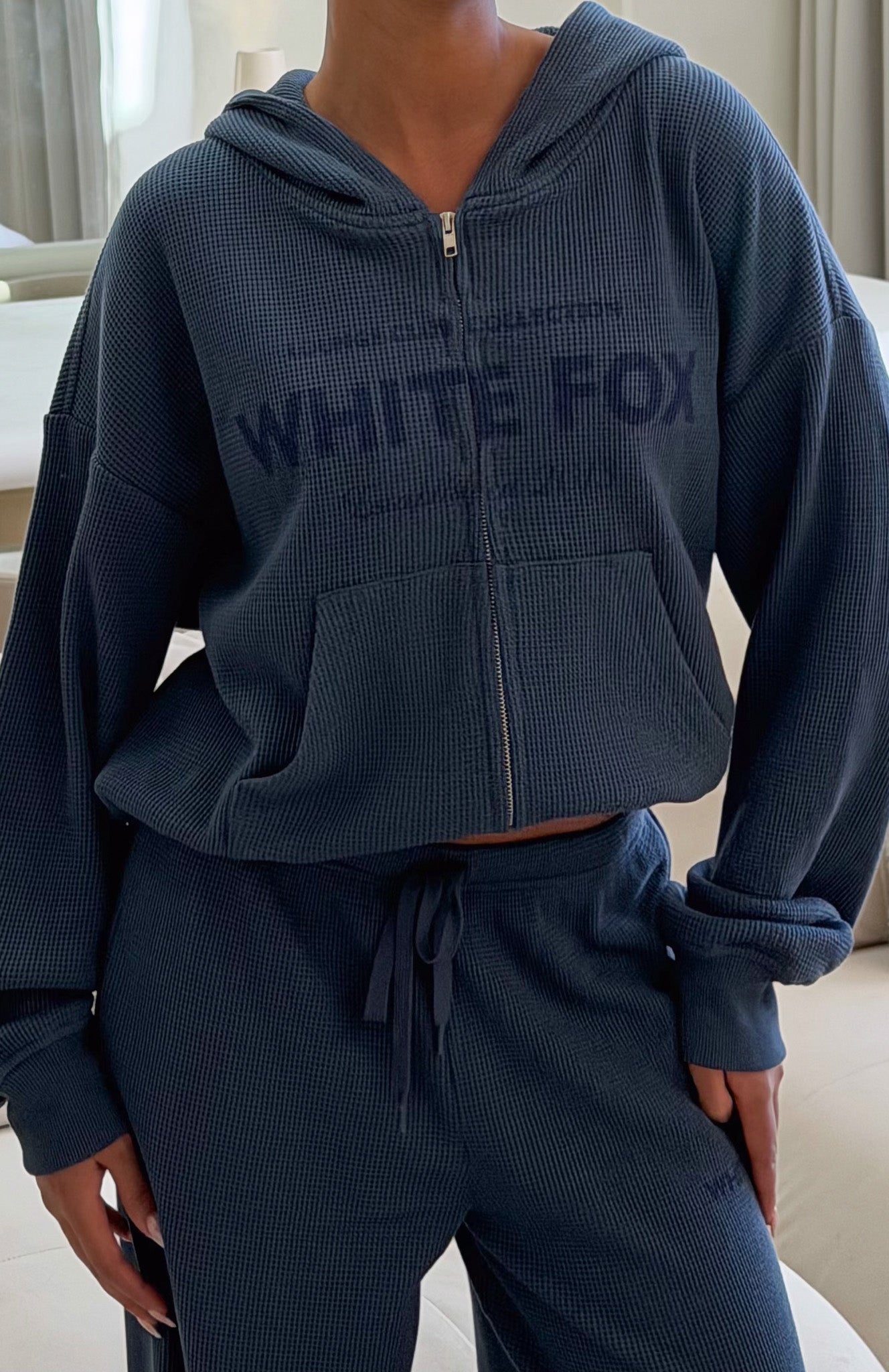 Leave Me Out Of It Waffle Boxy Zip Front Hoodie Navy