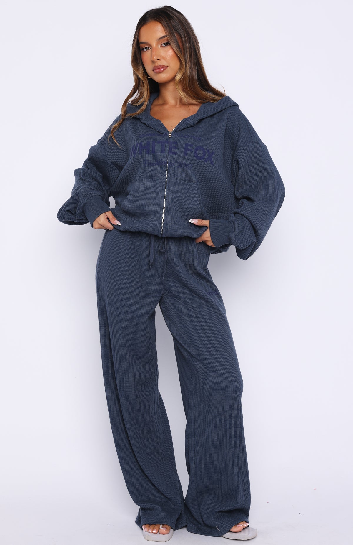 Leave Me Out Of It Waffle Boxy Zip Front Hoodie Navy - Image 5