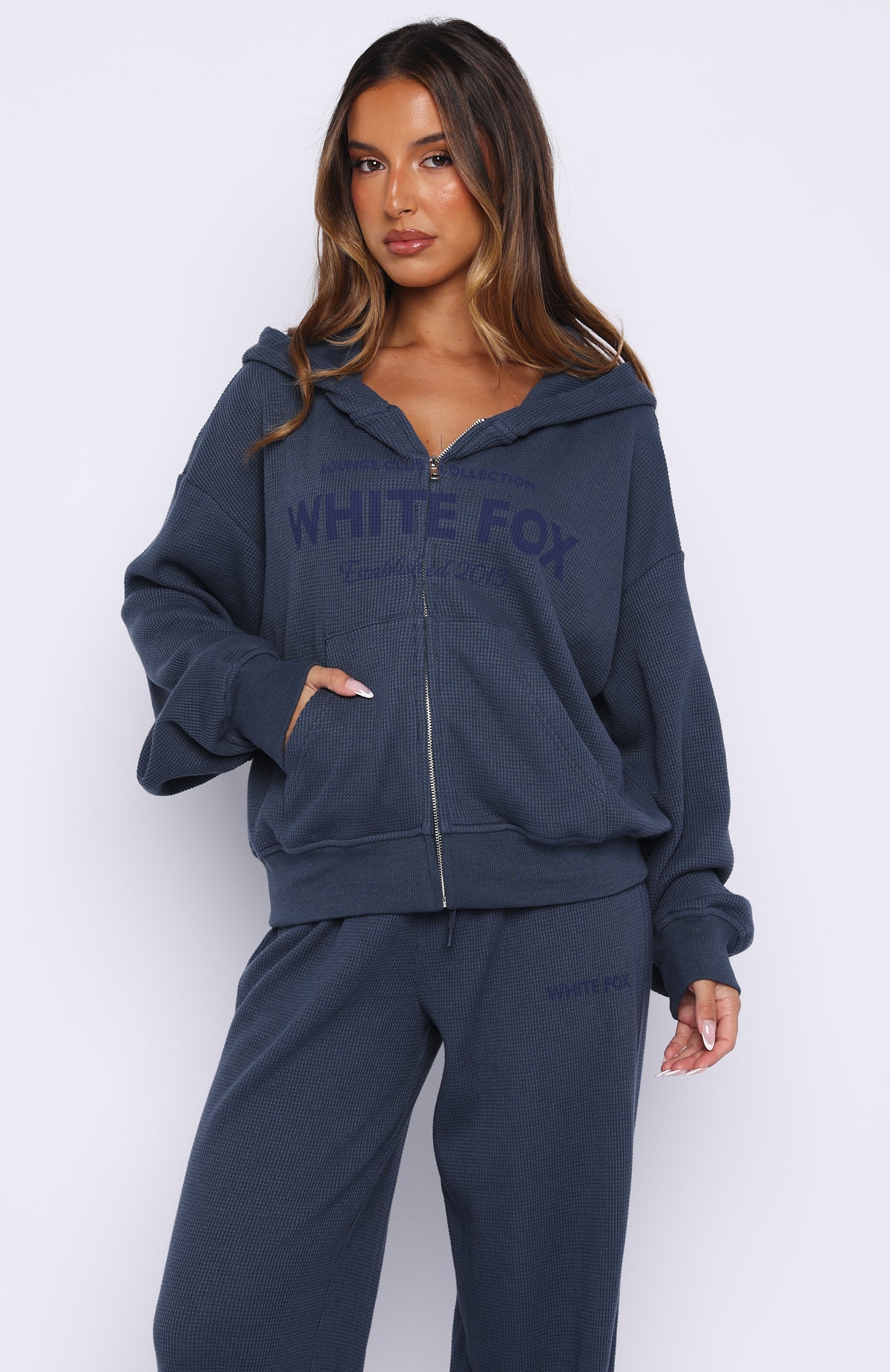 Leave Me Out Of It Waffle Boxy Zip Front Hoodie Navy - Image 2