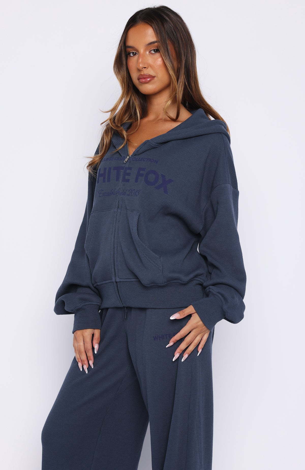 Leave Me Out Of It Waffle Boxy Zip Front Hoodie Navy - Image 3