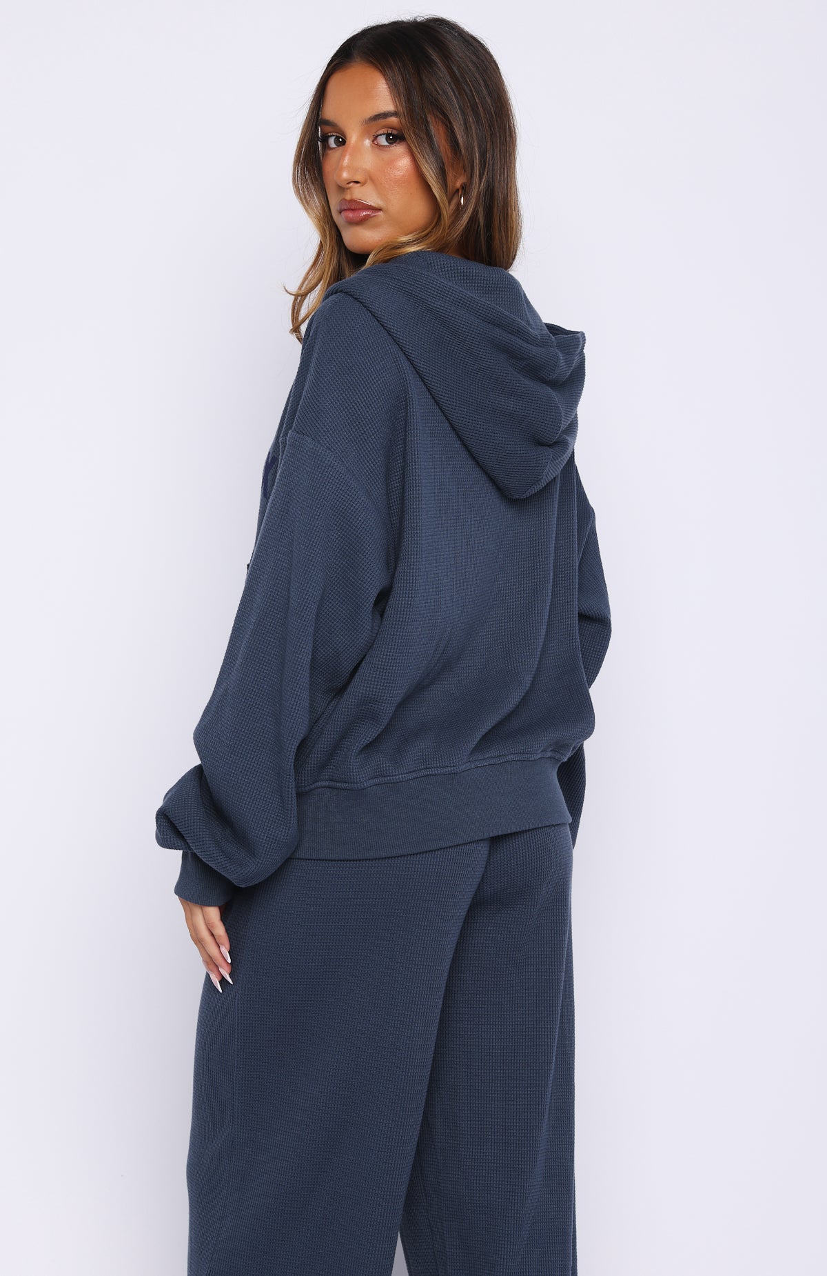 Leave Me Out Of It Waffle Boxy Zip Front Hoodie Navy - Image 4