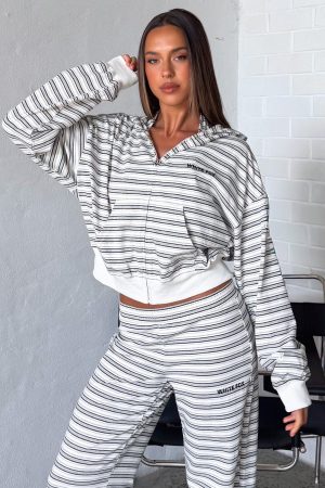 Looking Back Boxy Zip Front Hoodie White Stripe