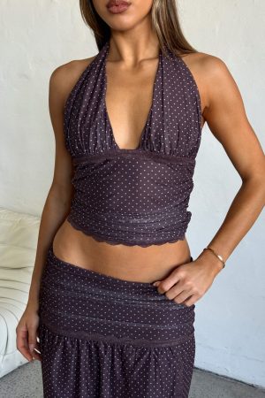 Mad At You Halter Top Choc/Pink Polka Dot