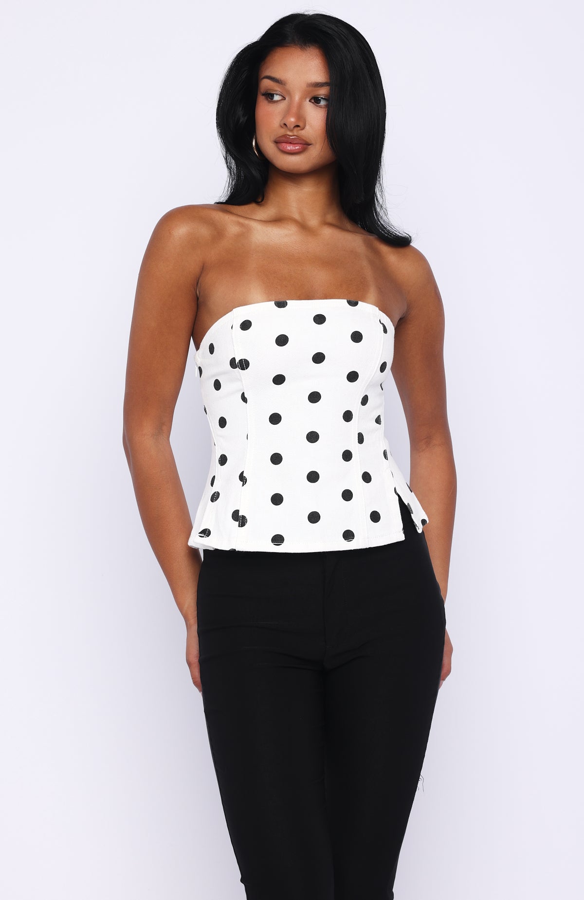 More Power Strapless Denim Top White/Black Polka Dot - Image 2
