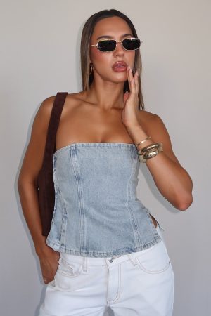Not Listening Strapless Denim Top Light Blue