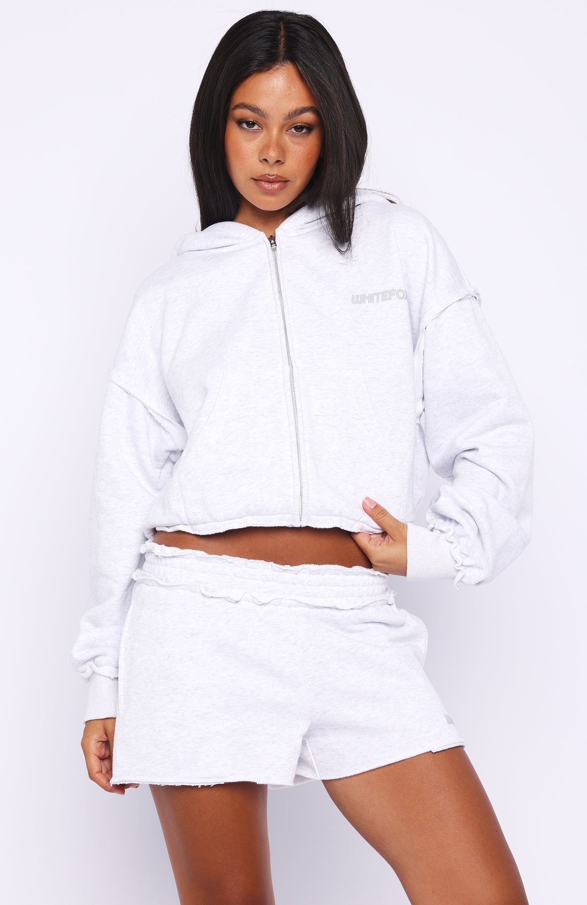 On My Own Terms Boxy Zip Front Hoodie Grey Marle - Image 2