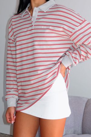 Out Again Long Sleeve Rugby Shirt Dark Grey Marle/Burgundy Stripe