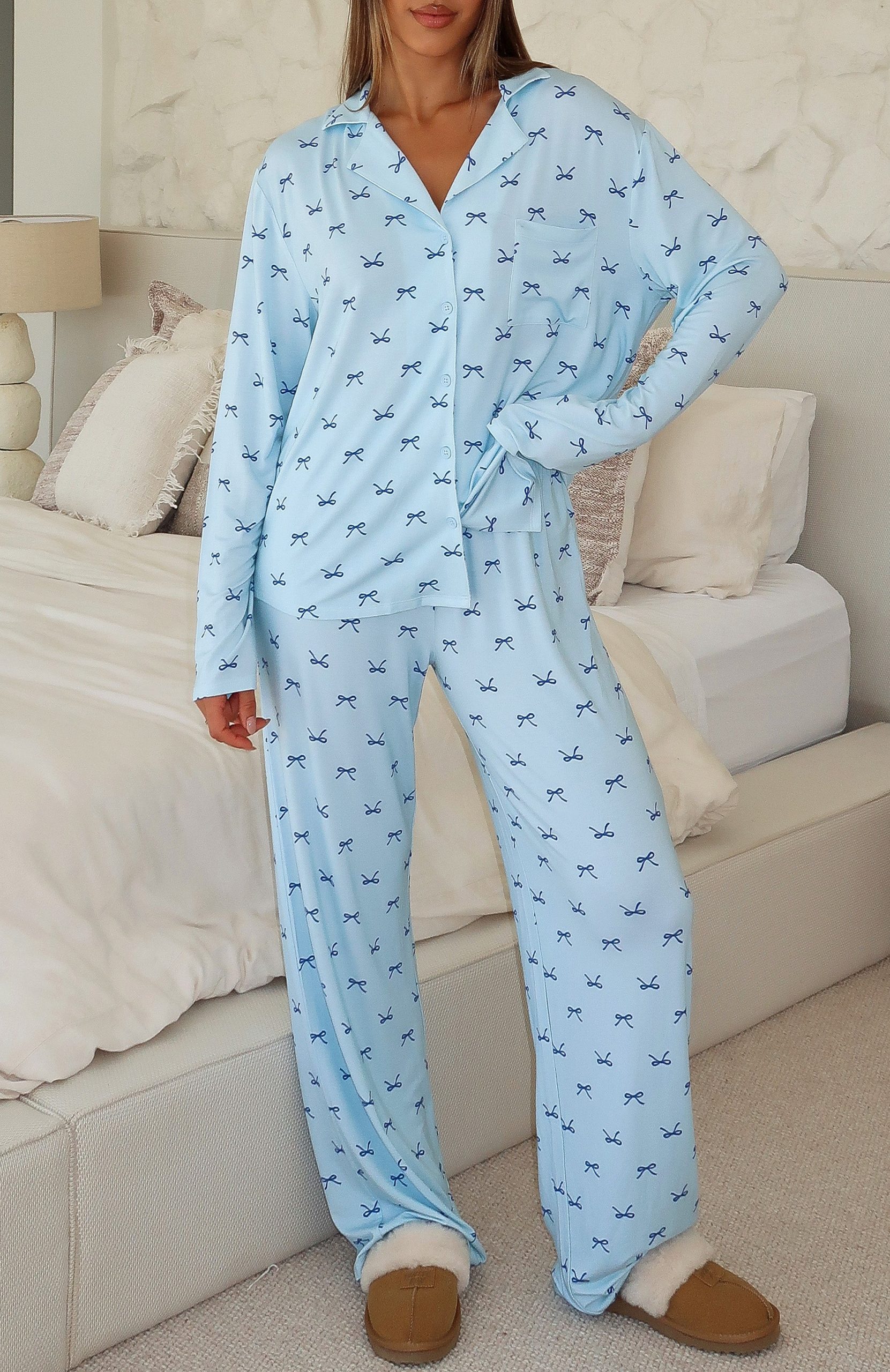 Pillow Talk Printed Long Sleeve Pyjama Set Sky Ribbons - Image 5