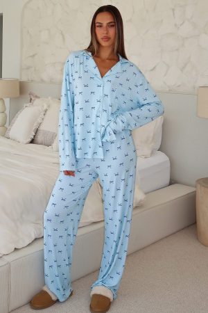 Pillow Talk Printed Long Sleeve Pyjama Set Sky Ribbons