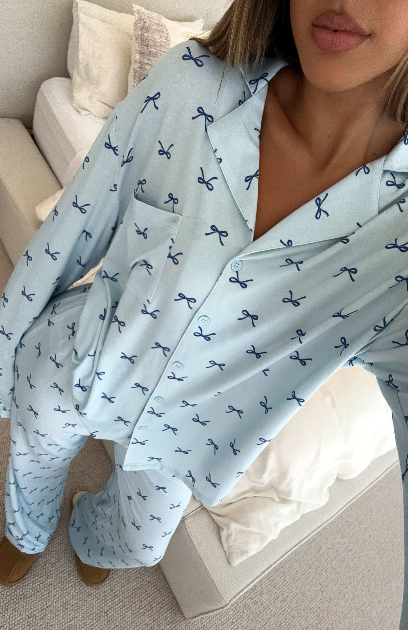 Pillow Talk Printed Long Sleeve Pyjama Set Sky Ribbons - Image 6