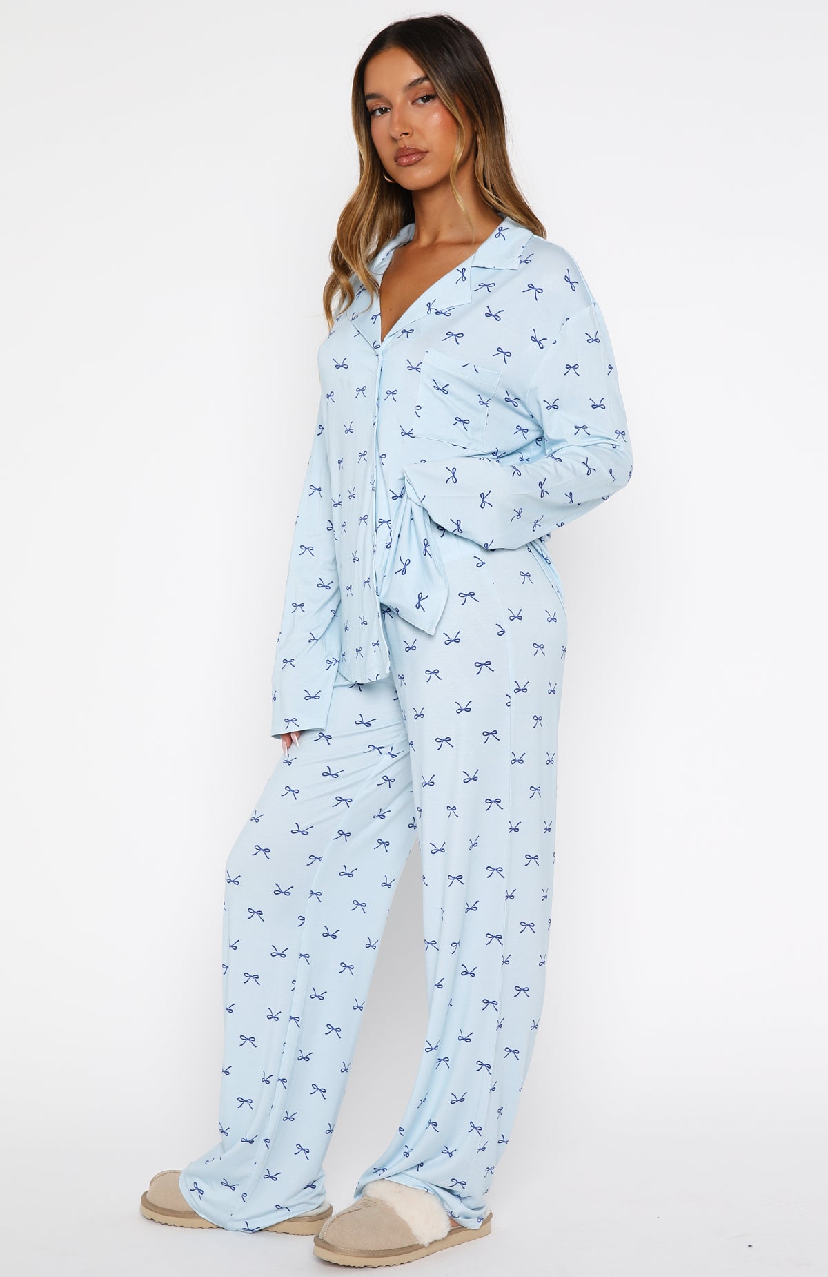 Pillow Talk Printed Long Sleeve Pyjama Set Sky Ribbons - Image 3