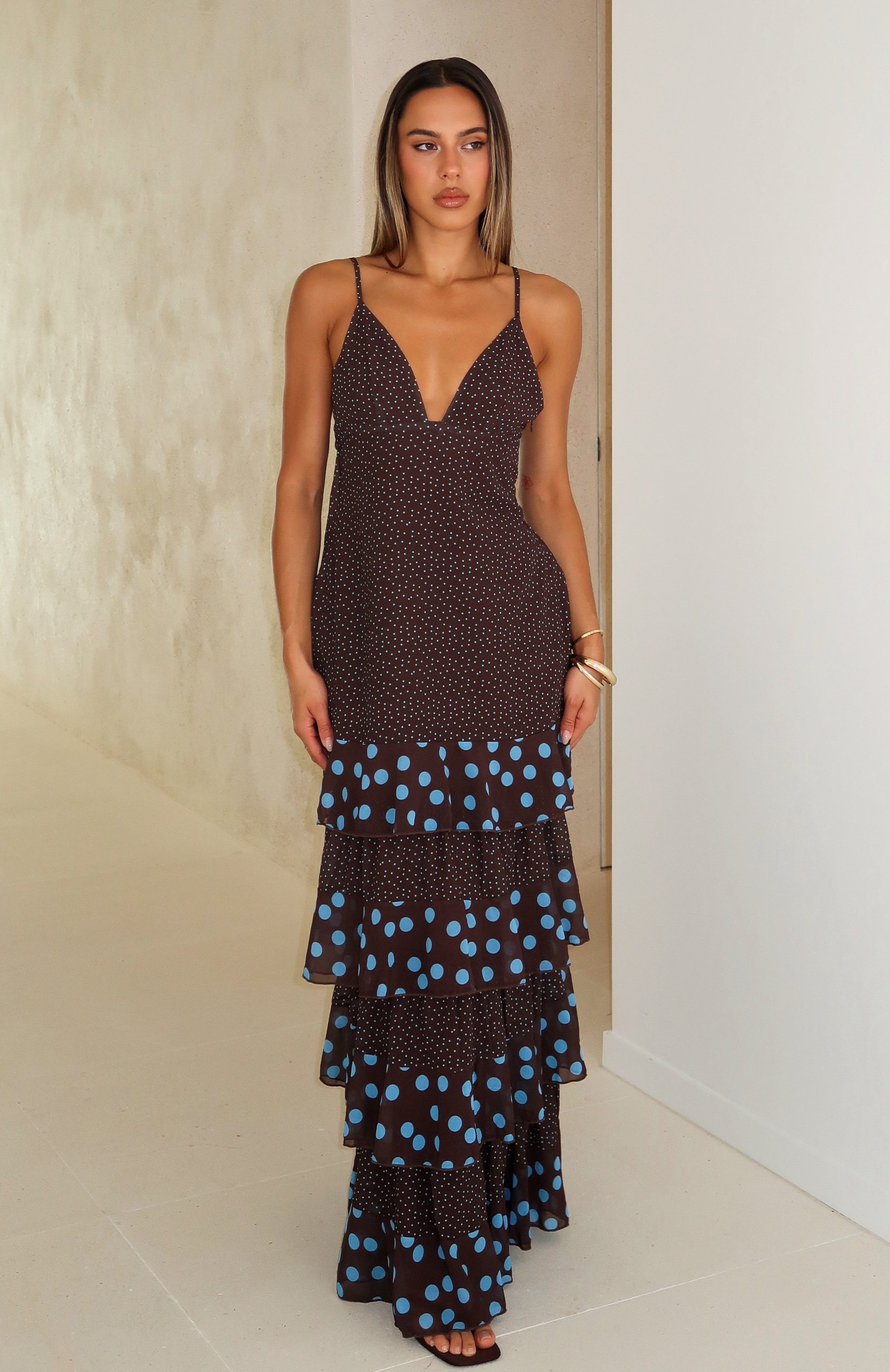 Princess Maxi Dress Chocolate/Blue Polka Dot - Image 2