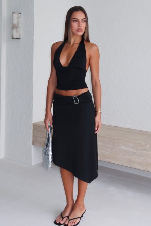 Sending My Love Asymmetric Midi Skirt Black