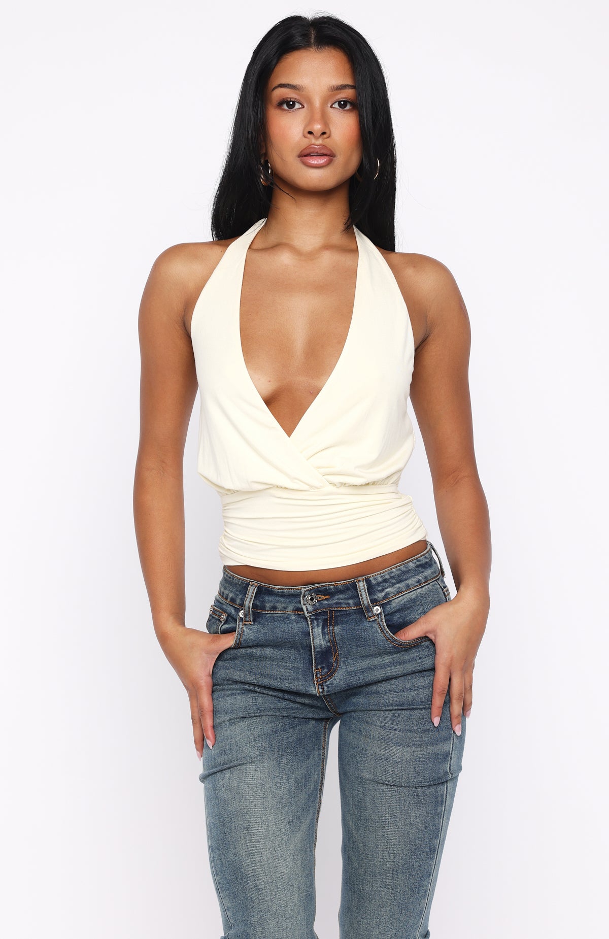 Show Stopping Cinched Waist Halter Top Cream - Image 2