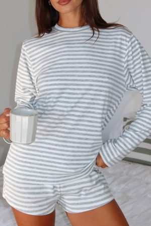 Slow Life Long Sleeve Pyjama Top Grey/White Stripe