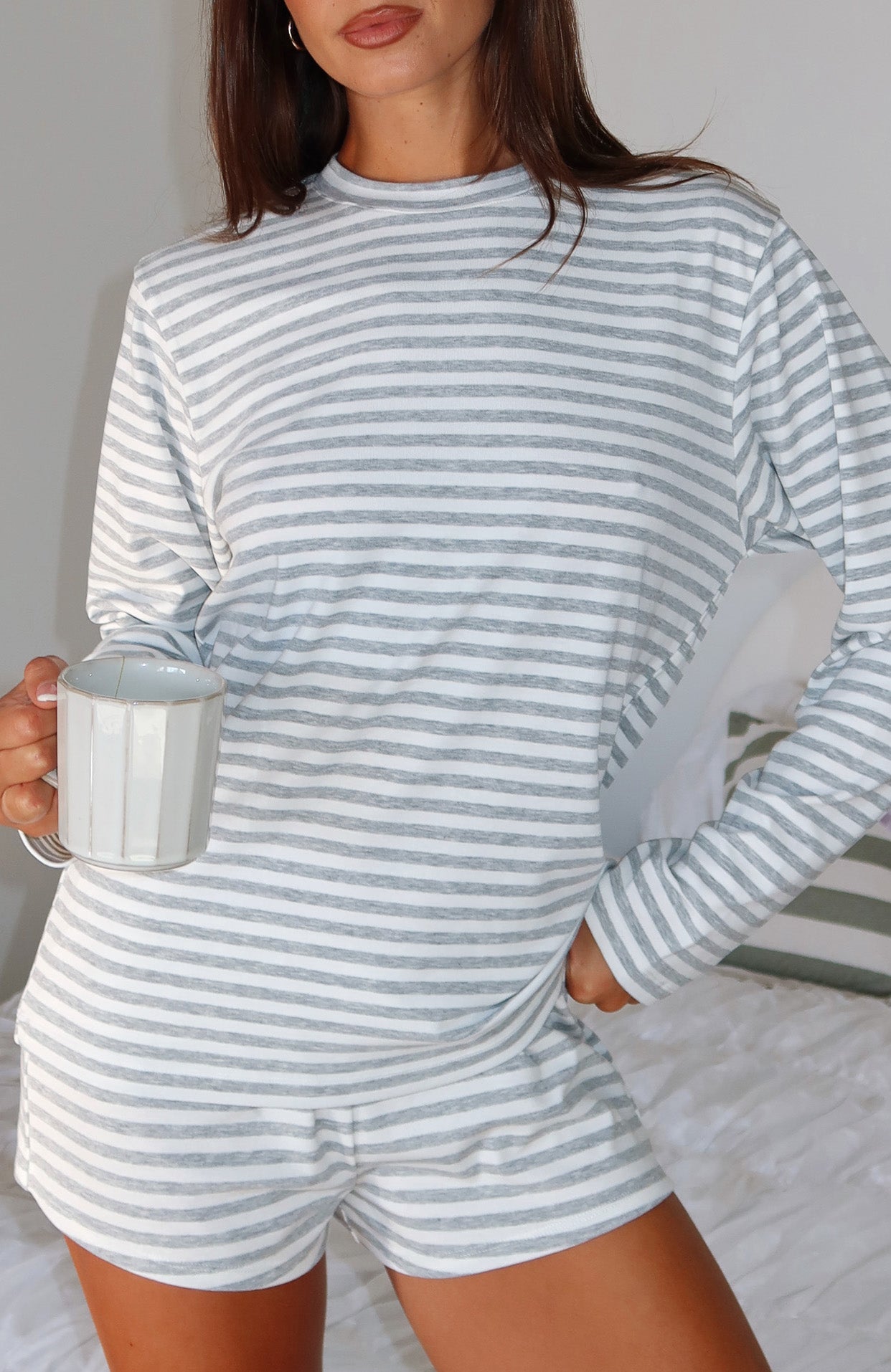 Slow Life Long Sleeve Pyjama Top Grey/White Stripe