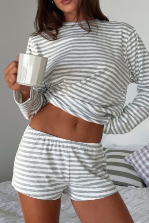 Slow Life Pyjama Shorts Grey/White Stripe