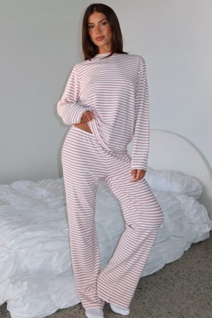 Slow Life Pyjama Pants Pink/White Stripe
