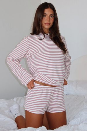 Slow Life Pyjama Shorts Pink/White Stripe