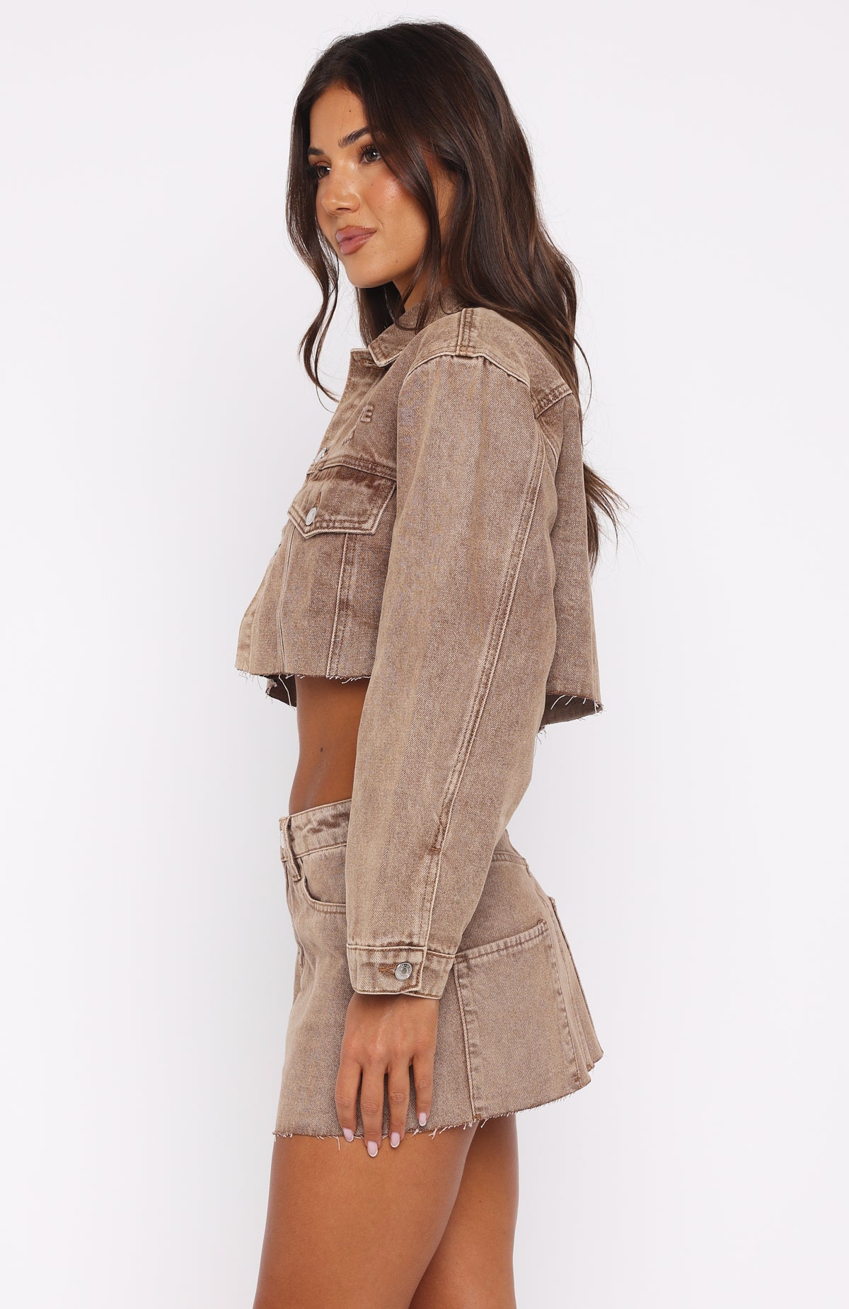 Something To Prove Cropped Denim Jacket Tan Wash - Image 3