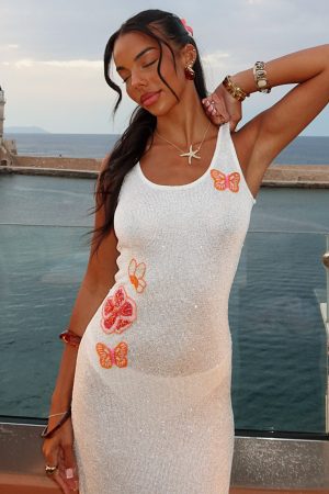 Butterfly Blossom Sequin Knit Maxi Dress White