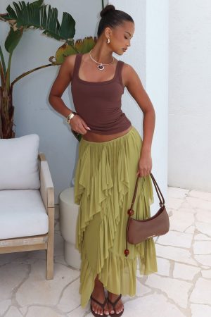 Sunset Strolls Midi Skirt Matcha